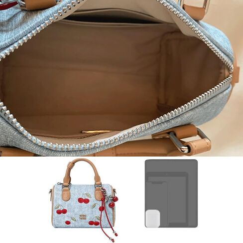 Cherry Purse with Charm Embroidered Denim Barrel Bag Cute Fruit Boston Satchel Crossbody Shoulder Handbag in Kuwait