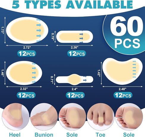 60pcs Hydrocolloid Blister Bandages – 5 Shapes Gel Blister Bandages for Feet, Waterproof Blister Pads for Feet, Toe, Heel, Blister Prevention & Recovery in Saudi Arabia