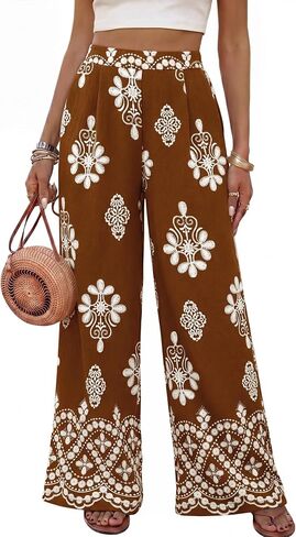 Bebonnie Womens Wide Leg Pants Elastic High Waisted Boho Flowy Floral Palazzo Pants with Pockets in Saudi Arabia