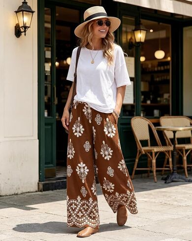 Bebonnie Womens Wide Leg Pants Elastic High Waisted Boho Flowy Floral Palazzo Pants with Pockets in Saudi Arabia