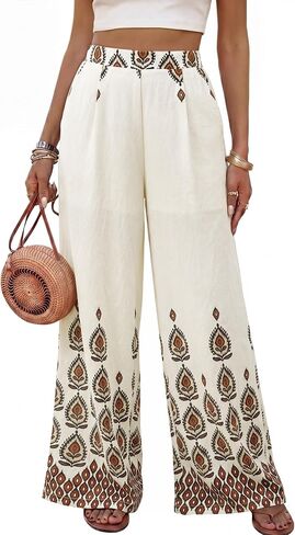 Bebonnie Womens Wide Leg Pants Elastic High Waisted Boho Flowy Floral Palazzo Pants with Pockets in Saudi Arabia