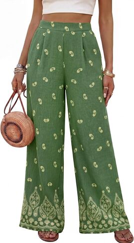Bebonnie Womens Wide Leg Pants Elastic High Waisted Boho Flowy Floral Palazzo Pants with Pockets in Saudi Arabia