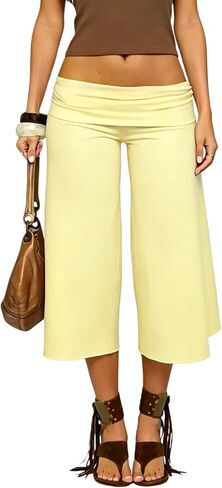Mtsebmves Women Gaucho Pants Low Rise Fold Over Waist Capri Casual Wide Leg Crop Pants Y2K in Saudi Arabia