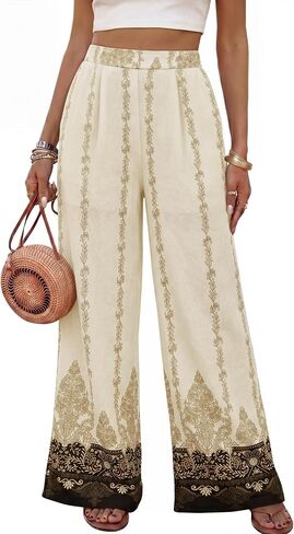 Bebonnie Womens Wide Leg Pants Elastic High Waisted Boho Flowy Floral Palazzo Pants with Pockets in Saudi Arabia