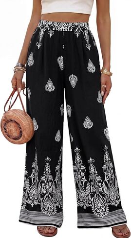 Bebonnie Womens Wide Leg Pants Elastic High Waisted Boho Flowy Floral Palazzo Pants with Pockets in Saudi Arabia