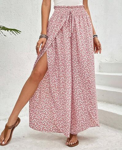 MINTLIMIT Womens Pants Floral Boho Palazzo Pants High Waisted Wrap Slit Trousers Flowy Casual Wide Leg Pants in Kuwait