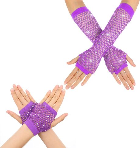 Lusofie 2 Pairs Fishnet Gloves Fingerless for Kids Women with Rhinestone Short & Long Fishnet Arm Sleeves for 80s 90s Halloween （purple） in Kuwait