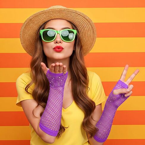 Lusofie 2 Pairs Fishnet Gloves Fingerless for Kids Women with Rhinestone Short & Long Fishnet Arm Sleeves for 80s 90s Halloween （purple） in Kuwait