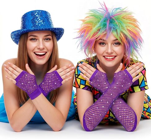 Lusofie 2 Pairs Fishnet Gloves Fingerless for Kids Women with Rhinestone Short & Long Fishnet Arm Sleeves for 80s 90s Halloween （purple） in Kuwait