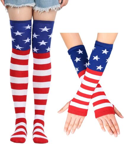 2 Pairs 4th of July Patriotic Independence Day Tights Gloves Set Star Stripe Pantyhose Tights Red White Blue Design for Women Halloween Cosplay Party Outfit Accessories in Kuwait