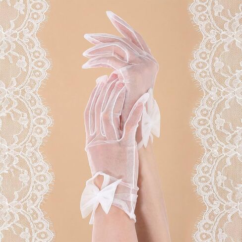 White Lace Gloves - Women's Short Mesh Gloves with Bow - Lace Sheer Glove Wrist Length For Wedding Evening Opera Tea Party in Saudi Arabia