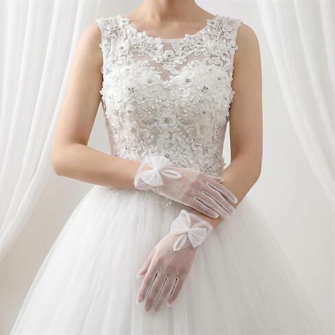 White Lace Gloves - Women's Short Mesh Gloves with Bow - Lace Sheer Glove Wrist Length For Wedding Evening Opera Tea Party in Saudi Arabia