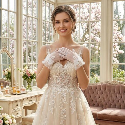 White Lace Gloves - Women's Short Mesh Gloves with Bow - Lace Sheer Glove Wrist Length For Wedding Evening Opera Tea Party in Saudi Arabia