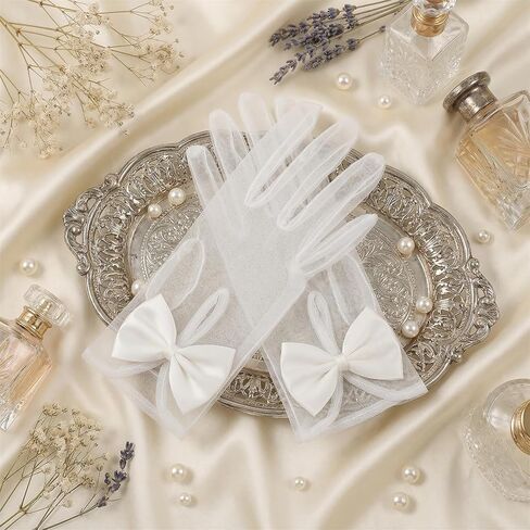 White Lace Gloves - Women's Short Mesh Gloves with Bow - Lace Sheer Glove Wrist Length For Wedding Evening Opera Tea Party in Saudi Arabia