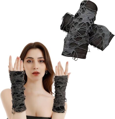 Gothic Y2k Fingerless Glove, Arm Ripped Sleeves Broken Clothes, Steam Punk Clothes Women for Halloween Costume Rock Party Zombie Pirate Cosplay Accessories(Black Grey) in Saudi Arabia