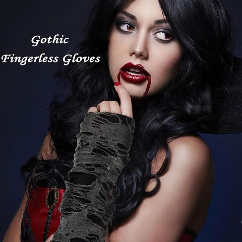 Gothic Y2k Fingerless Glove, Arm Ripped Sleeves Broken Clothes, Steam Punk Clothes Women for Halloween Costume Rock Party Zombie Pirate Cosplay Accessories(Black Grey) in Saudi Arabia