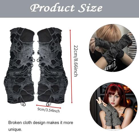 Gothic Y2k Fingerless Glove, Arm Ripped Sleeves Broken Clothes, Steam Punk Clothes Women for Halloween Costume Rock Party Zombie Pirate Cosplay Accessories(Black Grey) in Saudi Arabia