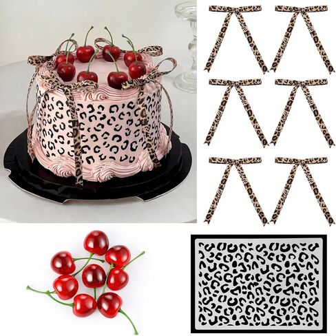 Canlierr 15 Pcs Cheetah Print Themed Cake Decoration Includes 6 Leopard Dessert Bowknot Ribbon 8 Red Realistic Artificial Cherries and 1 Reusable Cheetah Print Stencil for Party Wedding DIY Crafts in Kuwait