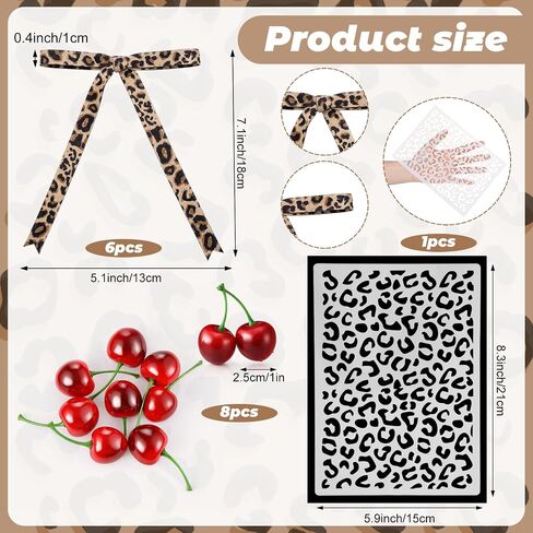 Canlierr 15 Pcs Cheetah Print Themed Cake Decoration Includes 6 Leopard Dessert Bowknot Ribbon 8 Red Realistic Artificial Cherries and 1 Reusable Cheetah Print Stencil for Party Wedding DIY Crafts in Kuwait