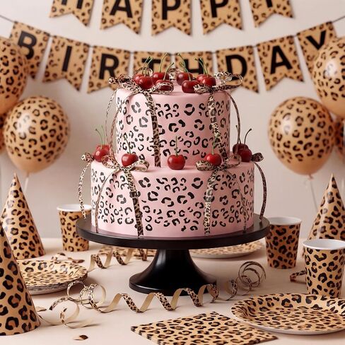 Canlierr 15 Pcs Cheetah Print Themed Cake Decoration Includes 6 Leopard Dessert Bowknot Ribbon 8 Red Realistic Artificial Cherries and 1 Reusable Cheetah Print Stencil for Party Wedding DIY Crafts in Kuwait