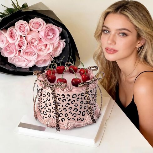 Canlierr 15 Pcs Cheetah Print Themed Cake Decoration Includes 6 Leopard Dessert Bowknot Ribbon 8 Red Realistic Artificial Cherries and 1 Reusable Cheetah Print Stencil for Party Wedding DIY Crafts in Kuwait