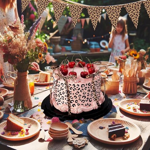 Canlierr 15 Pcs Cheetah Print Themed Cake Decoration Includes 6 Leopard Dessert Bowknot Ribbon 8 Red Realistic Artificial Cherries and 1 Reusable Cheetah Print Stencil for Party Wedding DIY Crafts in Kuwait