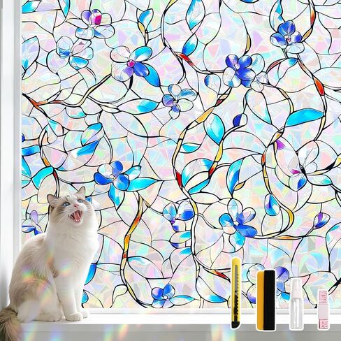 NINETREX Window Privacy Film, Rainbow Stained Glass Window Film, Static Cling Heat Control UV Blocking, Decorative for Home, Bathroom, Glass Door and Car, Renter-Friendly, Blue 17.5 x 78.7 inches in Saudi Arabia