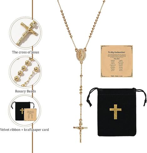 Virgin Mary Necklace, Gold Catholic Rosary Beaded Chain, Cross Crucifix Pendant Jewelry With Blessing Card Storage Bag, Religious Presents For Women in Saudi Arabia