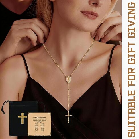 Virgin Mary Necklace, Gold Catholic Rosary Beaded Chain, Cross Crucifix Pendant Jewelry With Blessing Card Storage Bag, Religious Presents For Women in Saudi Arabia