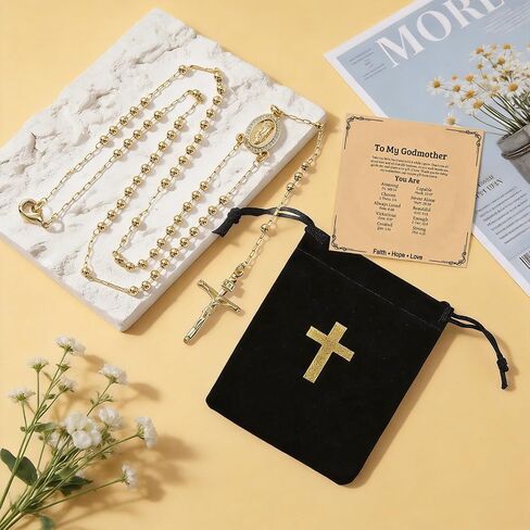Virgin Mary Necklace, Gold Catholic Rosary Beaded Chain, Cross Crucifix Pendant Jewelry With Blessing Card Storage Bag, Religious Presents For Women in Saudi Arabia