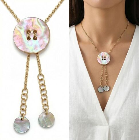 Abalone Shell Bolo Necklace for Women - Genuine Paua Shell Pendant Stainless Steel Chain Lariat Y-Necklace, Western Boho Beach Jewelry in Saudi Arabia