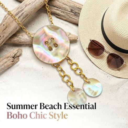 Abalone Shell Bolo Necklace for Women - Genuine Paua Shell Pendant Stainless Steel Chain Lariat Y-Necklace, Western Boho Beach Jewelry in Saudi Arabia