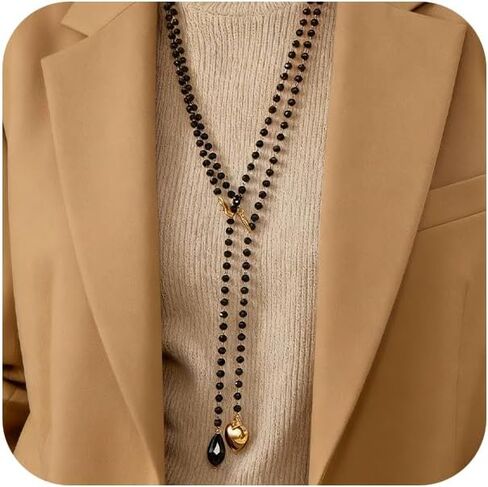 Gothic Long Layered Beaded Y Necklace, Dainty Black Crystal and Gold Heart Tassel Pendant Necklaces for Women Trendy Vintage Y2k Dress Sweater Jewelry Gift in Kuwait