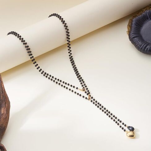 Gothic Long Layered Beaded Y Necklace, Dainty Black Crystal and Gold Heart Tassel Pendant Necklaces for Women Trendy Vintage Y2k Dress Sweater Jewelry Gift in Kuwait