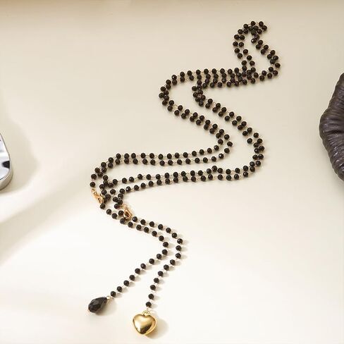 Gothic Long Layered Beaded Y Necklace, Dainty Black Crystal and Gold Heart Tassel Pendant Necklaces for Women Trendy Vintage Y2k Dress Sweater Jewelry Gift in Kuwait