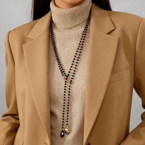 Gothic Long Layered Beaded Y Necklace, Dainty Black Crystal and Gold Heart Tassel Pendant Necklaces for Women Trendy Vintage Y2k Dress Sweater Jewelry Gift in Kuwait