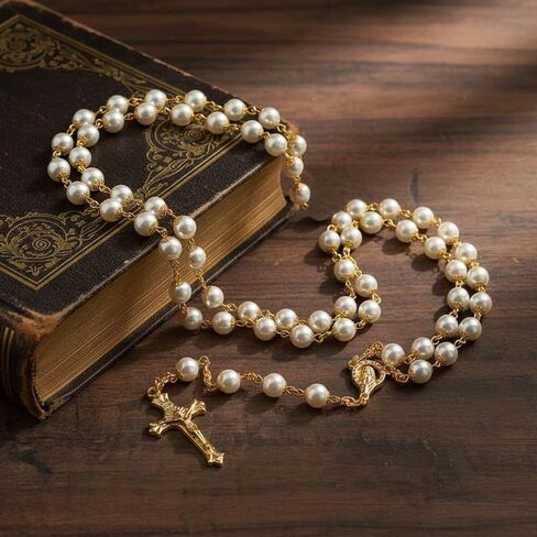 Pearl Rosary Necklace, Rosery Necklace Beads for Women White Pearl Wedding Holy Catholic Rosario Para Hombre in Kuwait