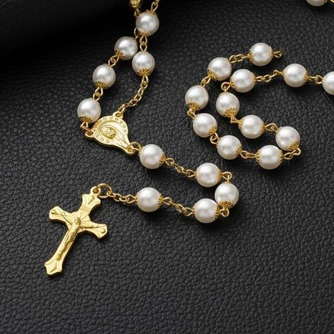 Pearl Rosary Necklace, Rosery Necklace Beads for Women White Pearl Wedding Holy Catholic Rosario Para Hombre in Kuwait