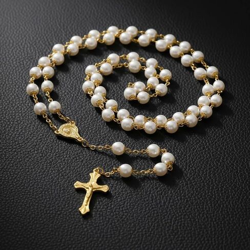 Pearl Rosary Necklace, Rosery Necklace Beads for Women White Pearl Wedding Holy Catholic Rosario Para Hombre in Kuwait