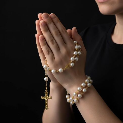 Pearl Rosary Necklace, Rosery Necklace Beads for Women White Pearl Wedding Holy Catholic Rosario Para Hombre in Kuwait