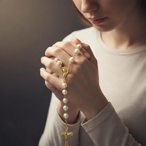 Pearl Rosary Necklace, Rosery Necklace Beads for Women White Pearl Wedding Holy Catholic Rosario Para Hombre in Kuwait