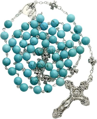 Intercession Catholic Prayer Rosary, Turquoise Beads with Silver Crucifix, Decorative Floral Our Father Beads in Kuwait
