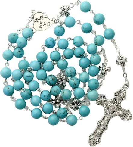Intercession Catholic Prayer Rosary, Turquoise Beads with Silver Crucifix, Decorative Floral Our Father Beads in Kuwait