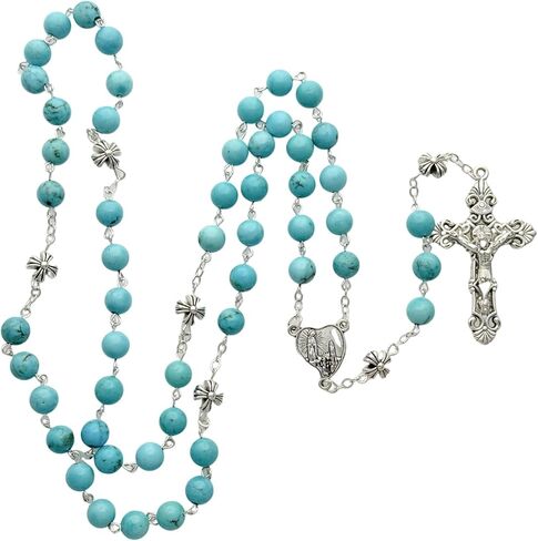 Intercession Catholic Prayer Rosary, Turquoise Beads with Silver Crucifix, Decorative Floral Our Father Beads in Kuwait