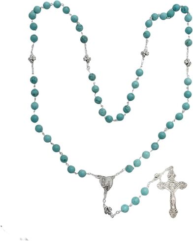 Intercession Catholic Prayer Rosary, Turquoise Beads with Silver Crucifix, Decorative Floral Our Father Beads in Kuwait