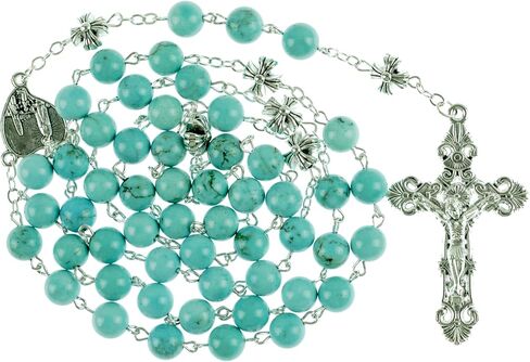 Intercession Catholic Prayer Rosary, Turquoise Beads with Silver Crucifix, Decorative Floral Our Father Beads in Kuwait