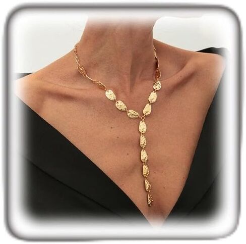 Gold Chunky Y Hammered Irregular Lariat Necklace for Women,Boho Organic Textured Matte Drop Statement Choker Necklace Minimalist Fashion Jewelry Gifts in Kuwait