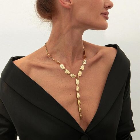 Gold Chunky Y Hammered Irregular Lariat Necklace for Women,Boho Organic Textured Matte Drop Statement Choker Necklace Minimalist Fashion Jewelry Gifts in Kuwait