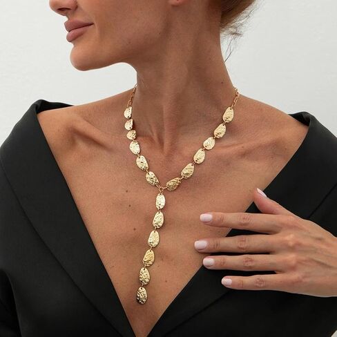 Gold Chunky Y Hammered Irregular Lariat Necklace for Women,Boho Organic Textured Matte Drop Statement Choker Necklace Minimalist Fashion Jewelry Gifts in Kuwait