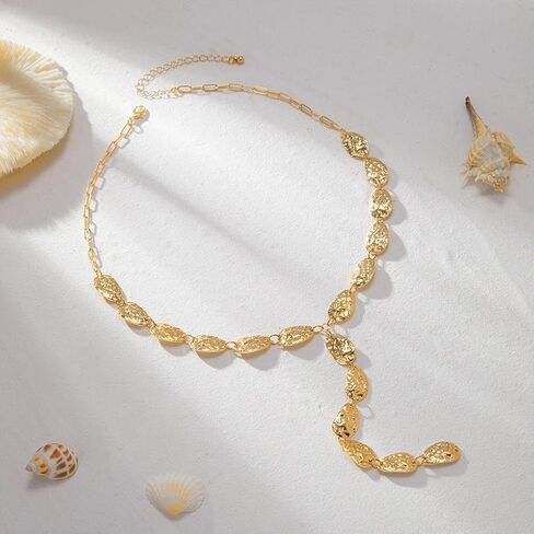Gold Chunky Y Hammered Irregular Lariat Necklace for Women,Boho Organic Textured Matte Drop Statement Choker Necklace Minimalist Fashion Jewelry Gifts in Kuwait